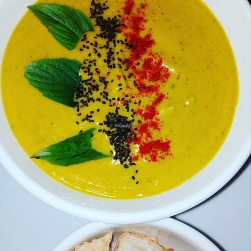 Pumpkin cream soup with coconut milk and chia seeds at Bamboo Bar & Vegetarian Restaurant in Sihanoukville