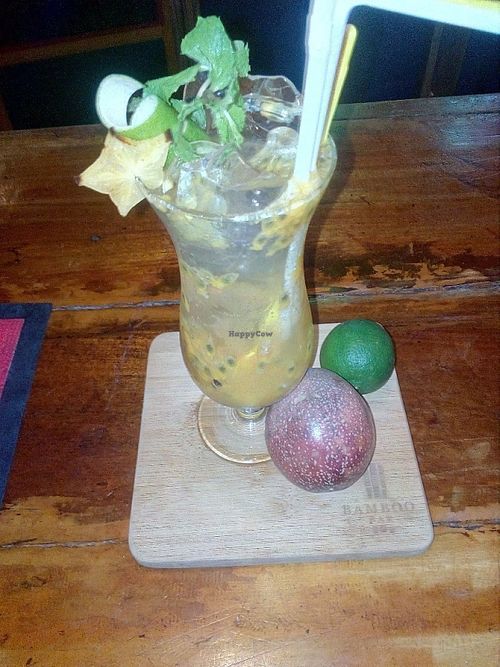 Pure passion in Bamboo Bar. Passion fruit, fresh lime juice, passion fruit syrup and soda. Very refreshing! at Bamboo Bar & Vegetarian Restaurant in Sihanoukville
