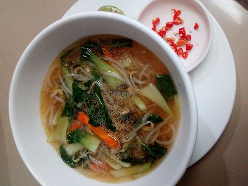Asian noodle soup with veggies and chilli at Bamboo Bar & Vegetarian Restaurant in Sihanoukville