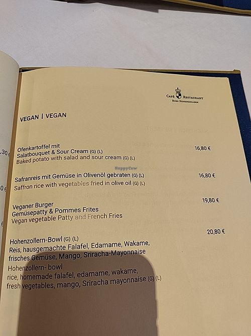 Menu at Café Restaurant Burg Hohenzollern in Bisingen