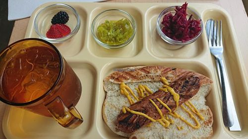 Meal served on tray, my drink was water.  Coffee w/ plant milks available.  Beet kraut, chow chow mix and some mustard. The bread is perfect. at Rigby Roastery @ Boycott Coffee - Pop Up in Memphis