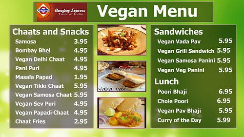 our new Vegan Menu  at Bombay Express in Danbury