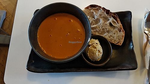 Soup of the month with sourdough bread and hummus. at Glo - Laugavegur in Reykjavik