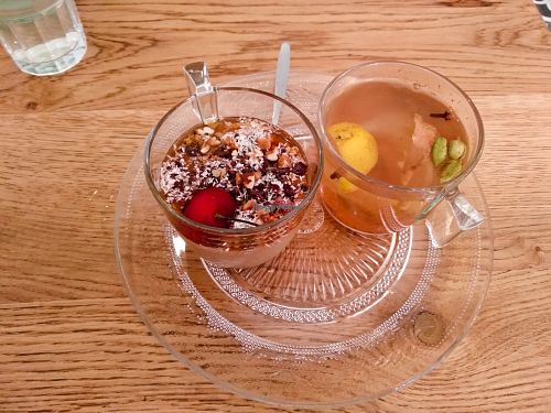 Pudding with hazelnut, chocolate, and maple syrup , and ginger-lemon-cardamom-clove tea at Tenat at Tenat in Tel Aviv