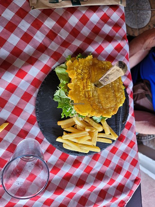 Hambourguesa vegano with fries at Metamorphosis   in Alajuela