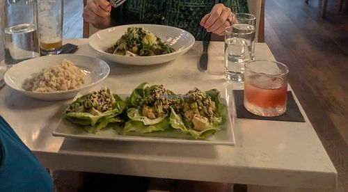 Lettuce wraps and Arepa with a side of rice. at The 07 in Greenville