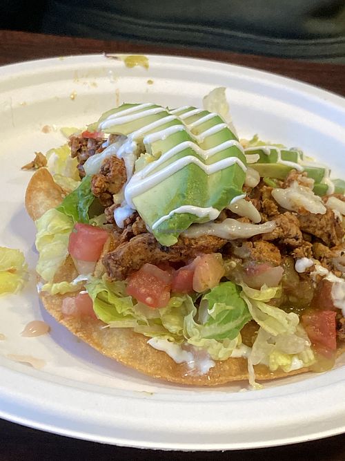 Tostada Chick’n  at El Cantaro Vegan Mexican Restaurant in Monterey
