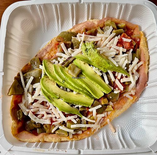 Huarache with pinto and cactuss  at El Cantaro Vegan Mexican Restaurant in Monterey