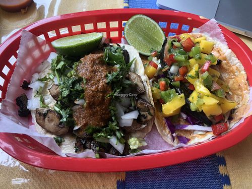Mushroom and Fish Taco with mango salsa   at El Cantaro Vegan Mexican Restaurant in Monterey