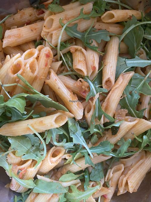 Chickpea penne pasta 
With fresh basil and arugula
In a garlic eggplant sauce   at Suka Kitchen Culebra  in Culebra