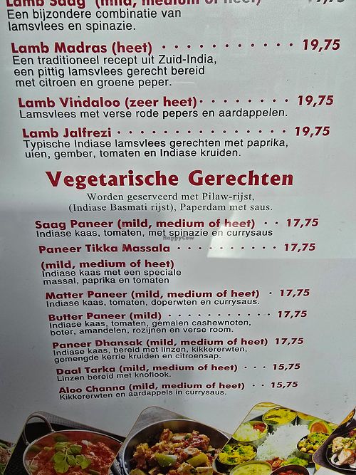 Vegetarian dishes on menu at Taste Of India in Haarlem