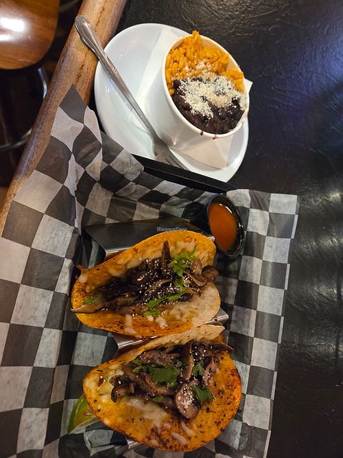 Mushroom tacos with a side of rice and beans (with cheese. But they would have gladly held that) at Okay Beer Co. at West Main Lanes in Honeoye Falls