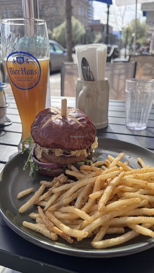 Burger and fries (request sauerkraut )  at Bier Haus in Coeur D Alene