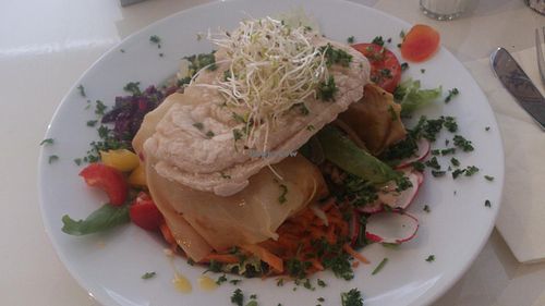 Crispy rolls filled with lemongrass spiced pumpkin on salad at Krawummel in Muenster