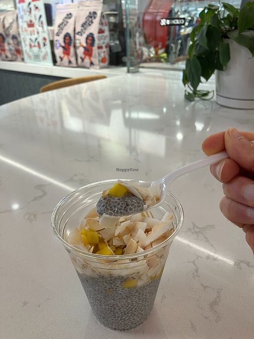 Mango Coconut Chia Pudding (labeled vegan) at Lululemon Fuel Space in Bloomington