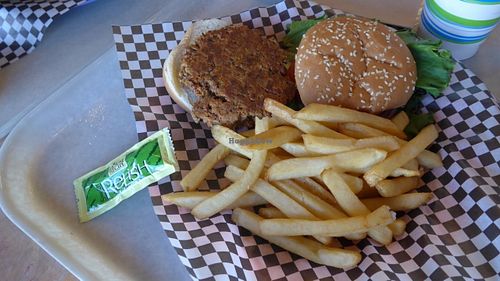 vegan burger with fries and relish at Maswick Cafeteria in Grand Canyon Village