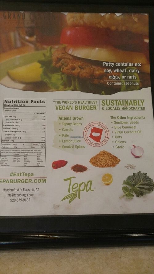 Vegan burger info at Maswick Cafeteria in Grand Canyon Village
