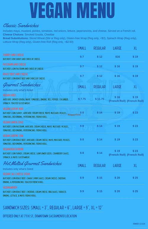 Vegan menu   at Beach Hut Deli & Tap Room by DOCO in Sacramento