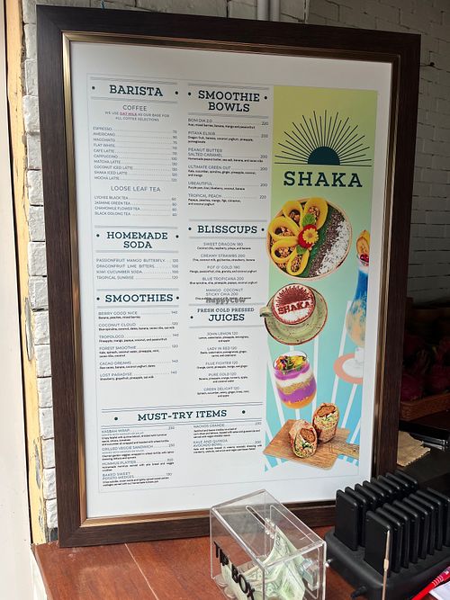 Menu including smoothies, bowls, mains, coffee and juices  at Shaka  in Ao Nang