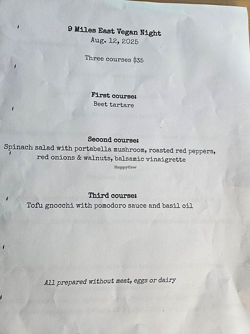 Vegan Night menu, changes each week at 9 Miles East in Saratoga Springs