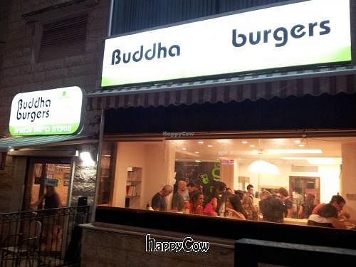 This is photo taken from the street on opening night. at Buddha Burgers in Haifa