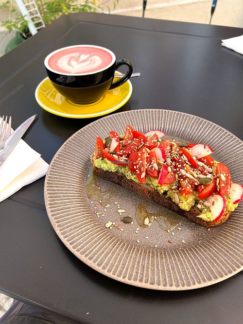 Beetroot late and avocado toast at How About Coffee in Lisbon