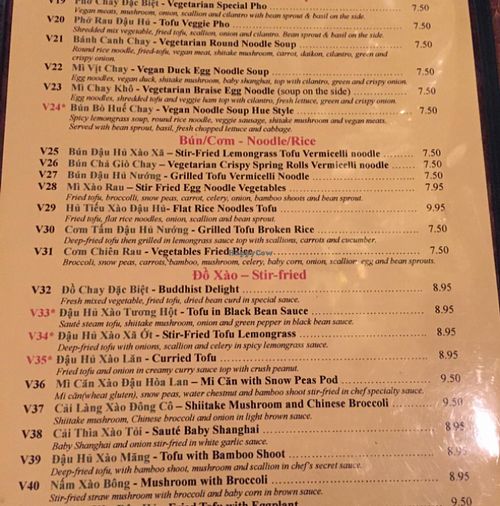 menu other side at Vietnam Garden in Richmond