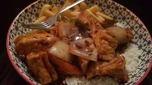 Tofu and black bean sauce, with chips and rice (vg) at Red Star Chinese  in South Shields