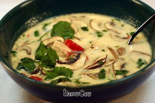 Tom Kha.
Lemony coconut soup with mushrooms, potatoes, scallions, lemon leaves, lemon grass and ginger. at HaMitbach HaTailandi in Pardes Hana