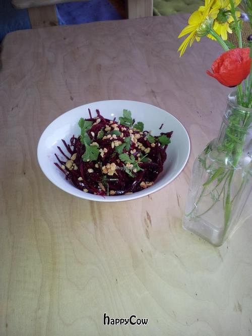thai beet salad with lemon, garlic, tamarind sauce, soy sauce, date sugar, coriander and peanuts.
 at HaMitbach HaTailandi in Pardes Hana