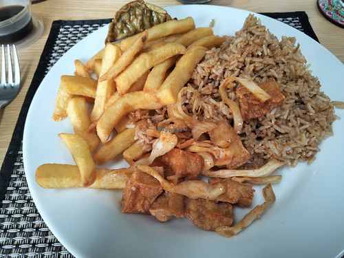 Salt & pepper tofu, chips, fried rice at Wawin Vegan Chinese in Glasgow