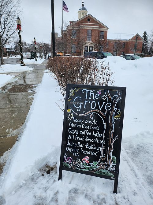 In downtown Petoskey by the library at The Grove Beverage Cafe in Petoskey