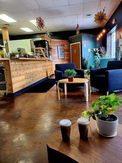 Cozy seating, tables, lots of plants 🪴💗 inside at The Grove Beverage Cafe in Petoskey