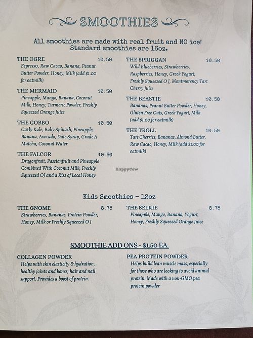 Smoothie menu (Jan 2026) at The Grove Beverage Cafe in Petoskey