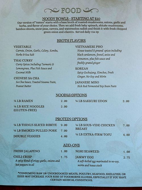 Noodle Bowl menu (Jan 2026) at The Grove Beverage Cafe in Petoskey