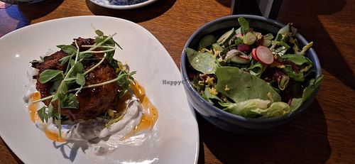 Carrot and red onion bhaji and green salad at The Mill House in Hook