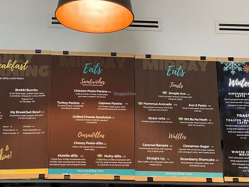 photo of the menu - vegan things marked with green symbols at Duino Coffee in Denton