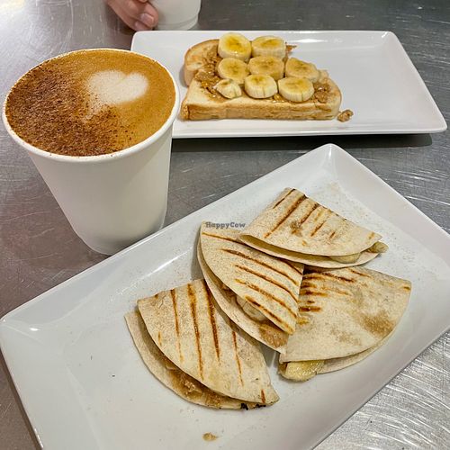 Nutty-dilla, gingerbread latte, and Oh! Ba Na Naah toast at Duino Coffee in Denton