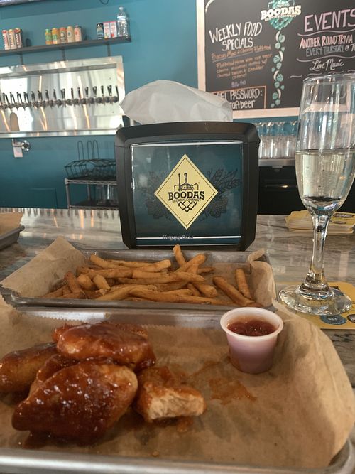 ‘wings’ & fries & prosecco  at Boodas Brewing Company  in Hendersonville