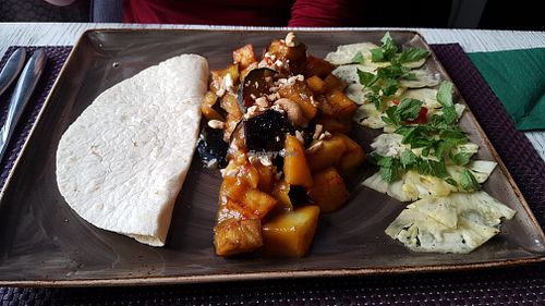 Eggplant, potatoes and pineapple at Vegafe - Totoriu g. in Vilnius