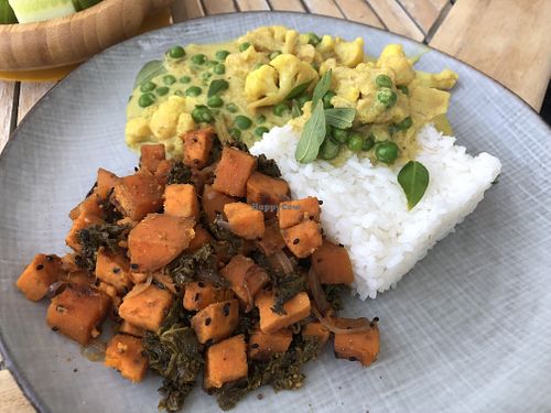 Our first dinner: curry with basmati rice, sweet potato and kale   at Alem do Vale  in Vale Da Figueira Estreito