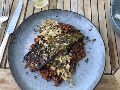 Barley with pan grilled zucchini and sauerkraut   at Alem do Vale  in Vale Da Figueira Estreito