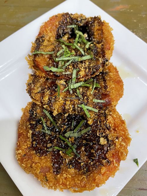Fried pink tomatoes   at Sal's Ballyhoo's in Key Largo