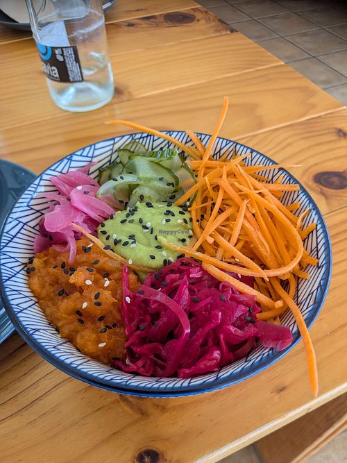 Vegan Poke Bowl (there's rice and mango sauce beneath the veg) at Nakai in Lanzarote