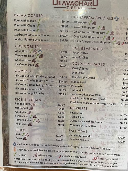 Menu1 at UlavacharU Tiffins in Campbell