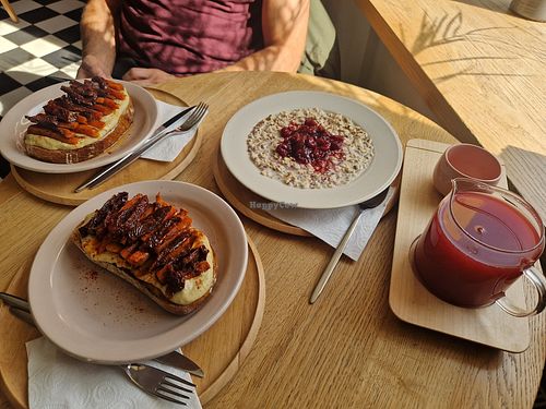 Humus toast and porridge at TIDEN in Minsk