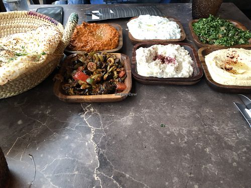 Mix of cold mezzes with warm bread (the Zjasjik is not vegan)  at Zaffraan in Amsterdam