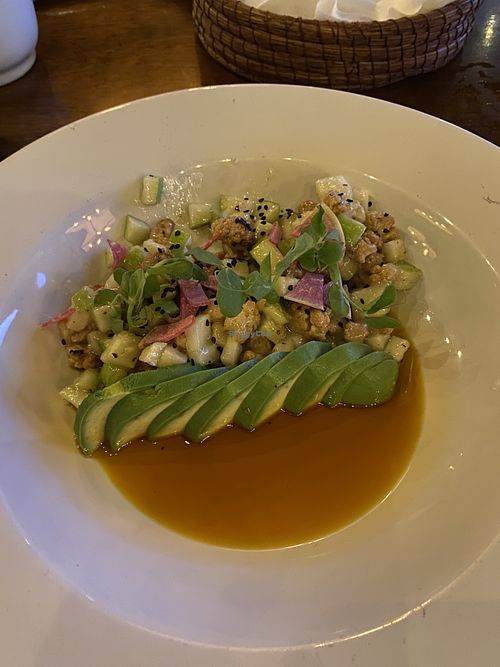 Vegan Ceviche: Roasted Cauliflower, Soursop Sauce, Avocado, Green Apple, Pasilla Oil and Black Sesame ($159 Pesos) 😋  at Terraza Gran Hotel in Mexico City