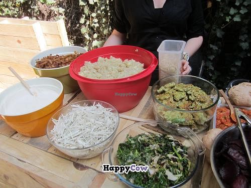 Delicious, fresh ingredients - the little green patties (right rear) are squash falafel. at Los Loosers in Mexico City