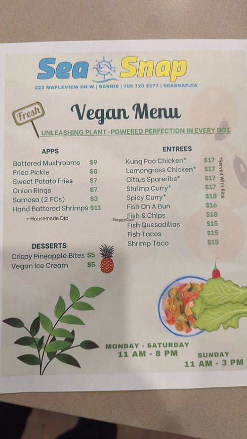 Vegan menu at Sea Snap in Barrie